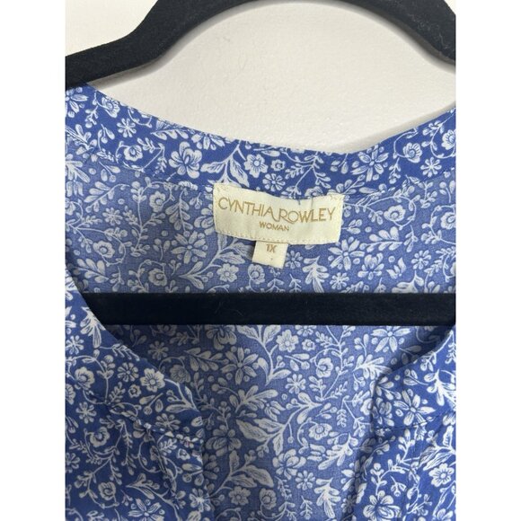 Cynthia Rowley Floral Blouse Button Down 3/4 Sleeve Top Blue White Plus Size 1X - Picture 3 of 8